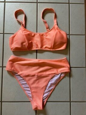Women’s Ribbed High-Waist Bikini Set in Coral Orange